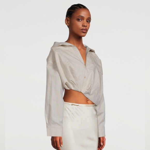 Jacquemus Mejean Cropped Linen Cotton Shirt White Oversized Button Down 34 XS - Picture 2 of 13